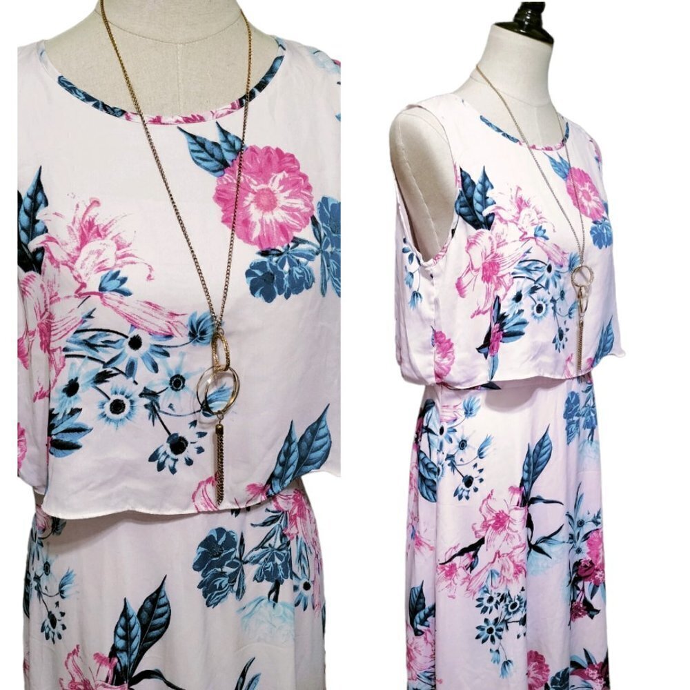 (705) CeCe Pink Floral Print Tiered Sleeveless Maxi Dress Size 12